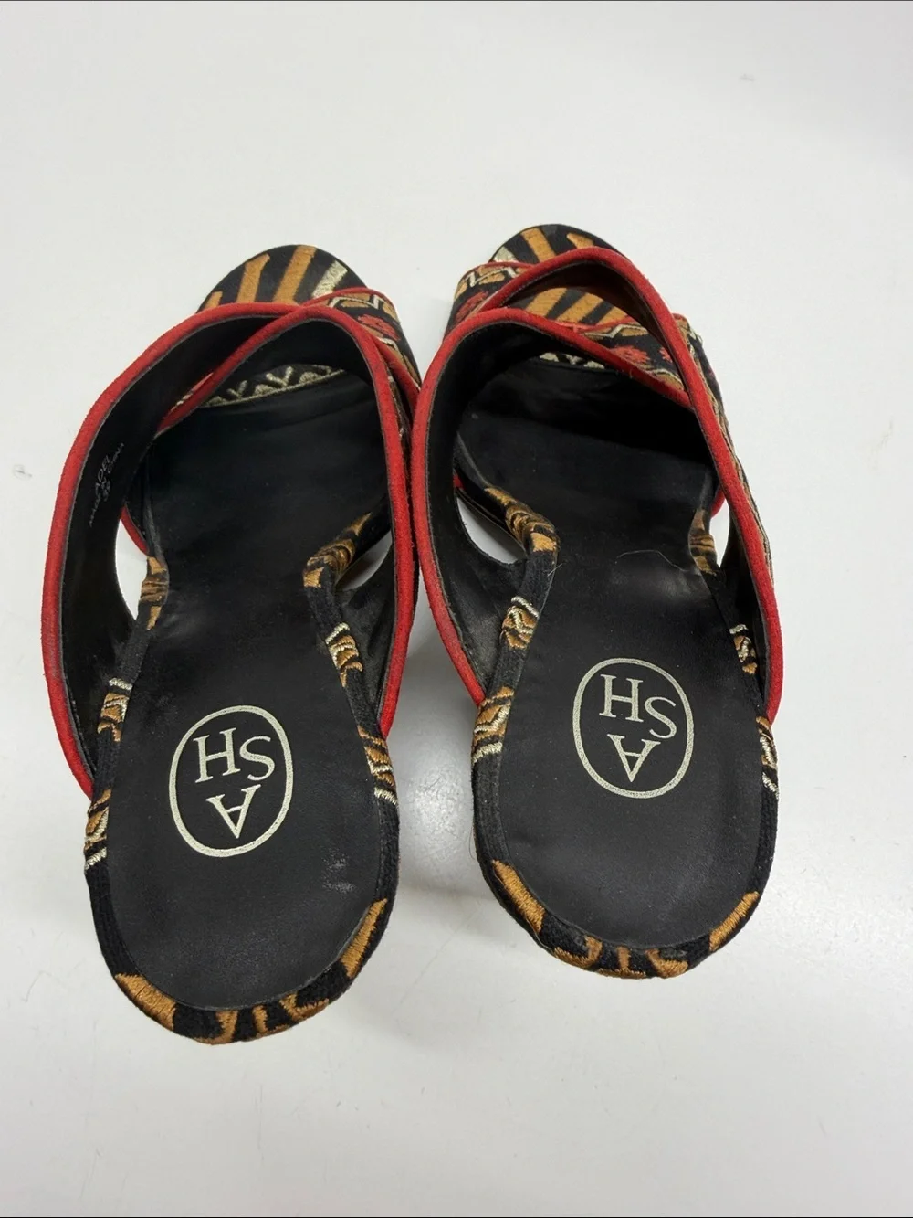 Ash Adel Mule Sandals High Heel Shoes Open Toe Geometric Embroidered Black 9
